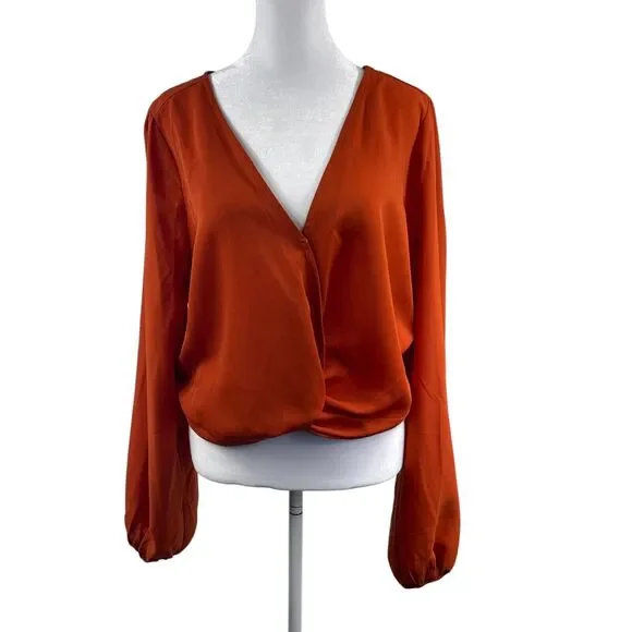 Lulus Twisty Business Orange Twist-Front Long Sleeve Top Sz L Hippy Romantic - Picture 2 of 9